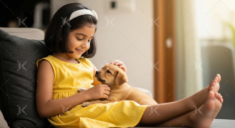Happy Indian girl pets her golden retriever puppy on the couch.