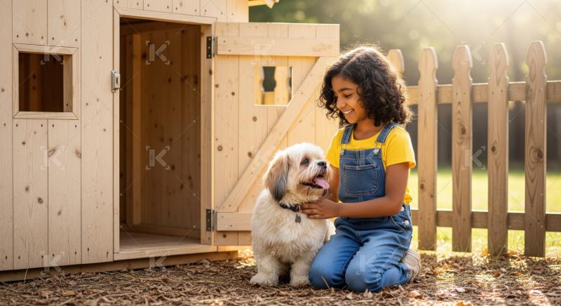Young girl smiling, petting her fluffy dog outdoors happily.