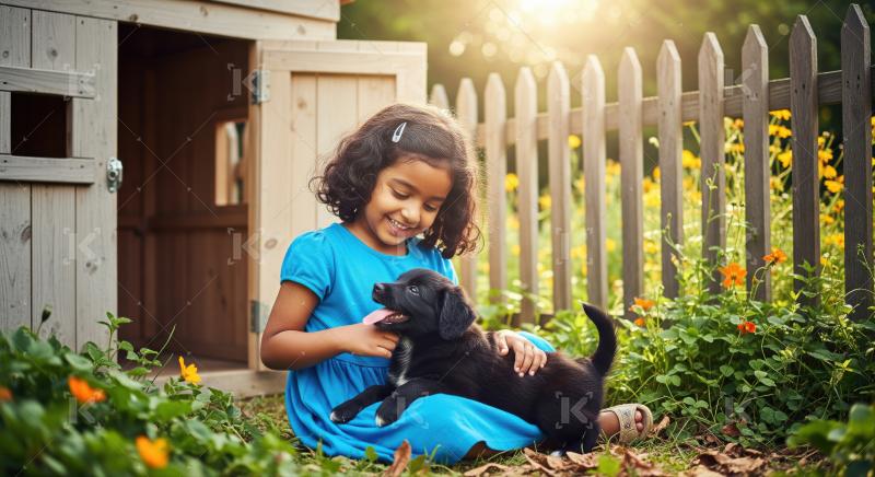 A happy child playing with a cute black puppy outdoors.