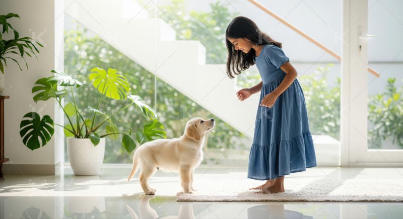 Joyful girl and puppy interaction in a sunlit modern interior.