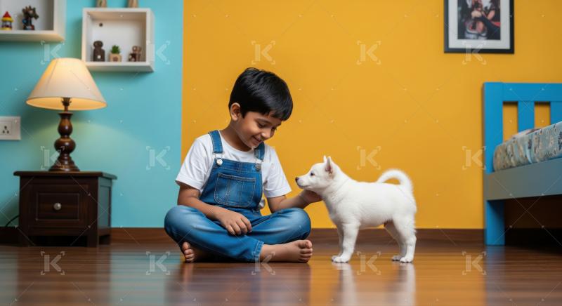 Happy child interacts with adorable puppy in a vibrant room.