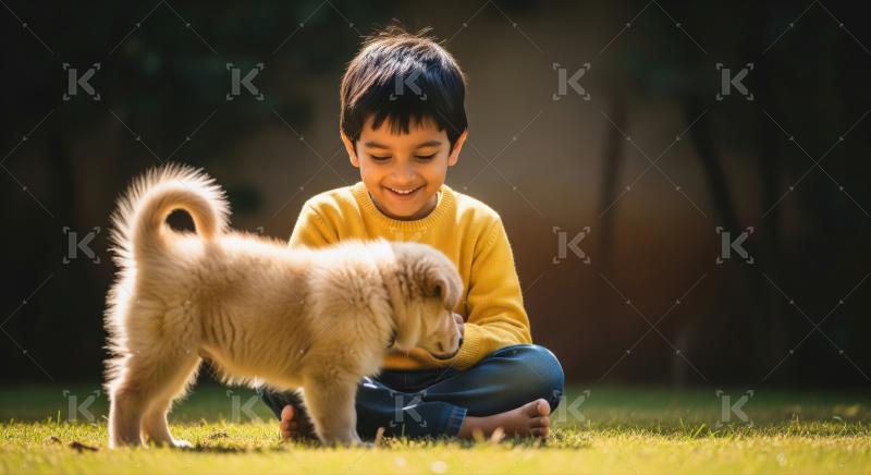 Smiling boy interacts with adorable golden puppy outdoors.