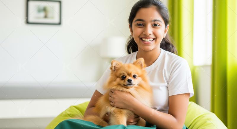 Smiling young Indian girl happily holds her cute Pomeranian dog.