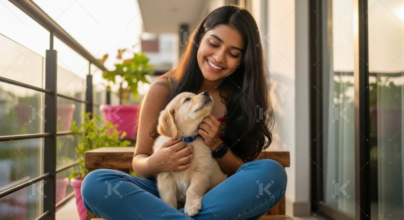 A joyful young woman bonding with her cute golden retriever puppy.