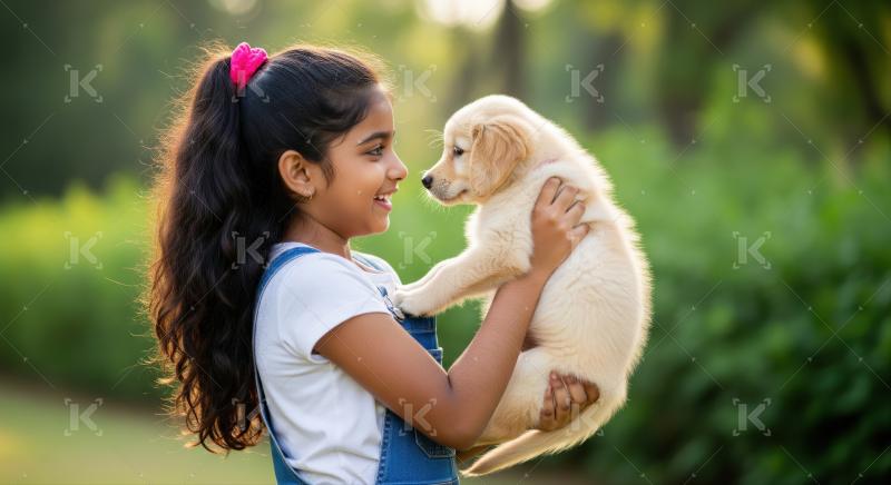 Joyful girl lovingly interacts with her adorable golden retriever puppy.