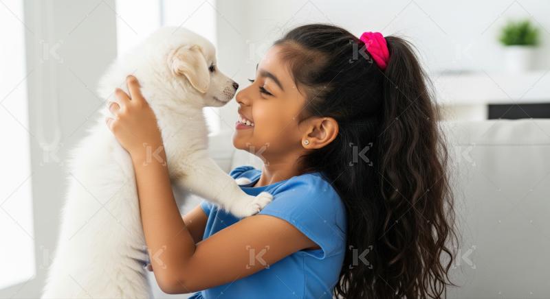 A happy little girl cuddling her new adorable white puppy.