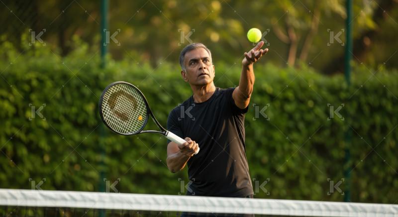 Active man playing tennis, focused on his serve.