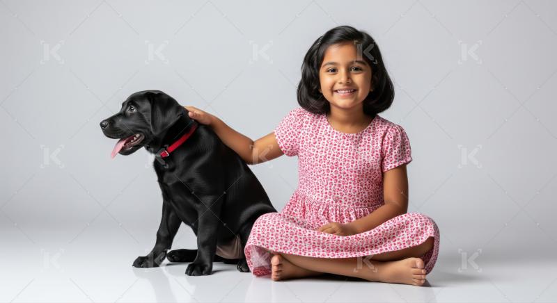 Cheerful girl and her new black Labrador puppy friend.