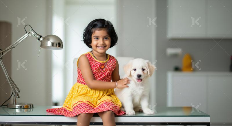 Joyful Indian child smiles while caressing her adorable puppy.