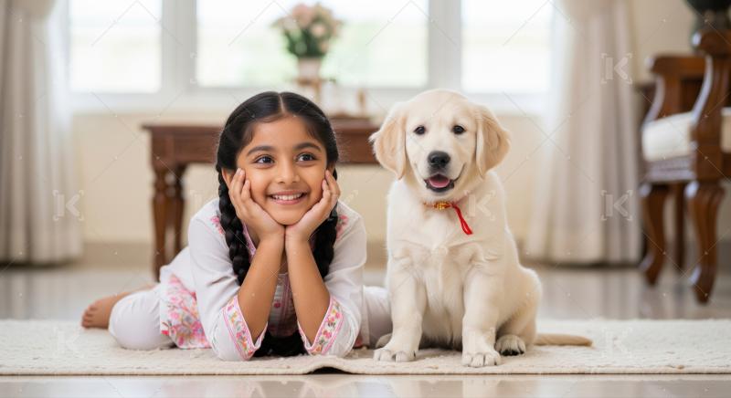 Adorable young girl and puppy share a happy moment.