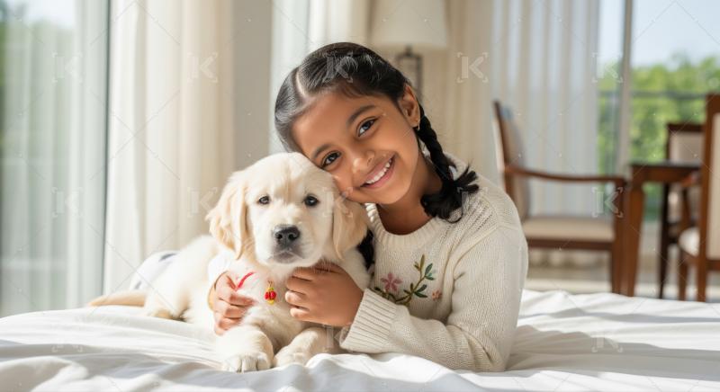 Happy young girl cuddles with her adorable golden retriever puppy.
