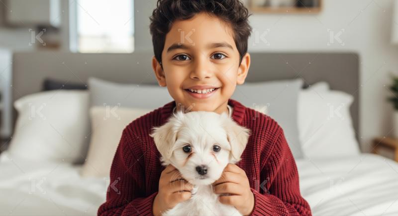 A happy boy lovingly holds his adorable white puppy.