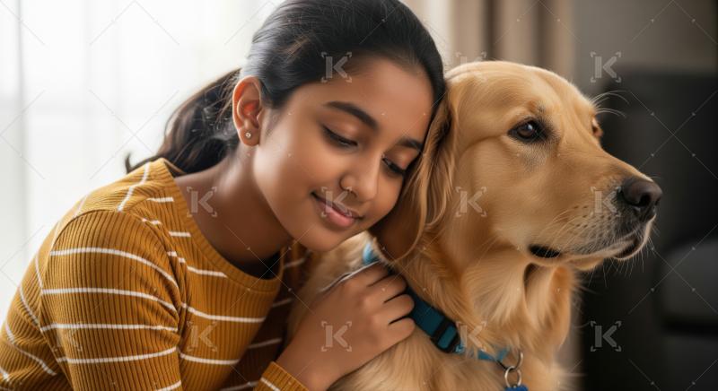 Young girl shares a heartwarming, loving moment with her pet.