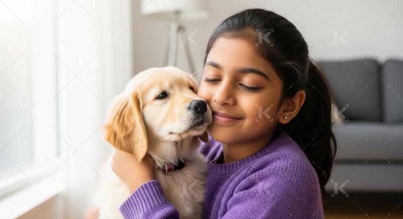 A happy young girl hugs her adorable golden retriever puppy.