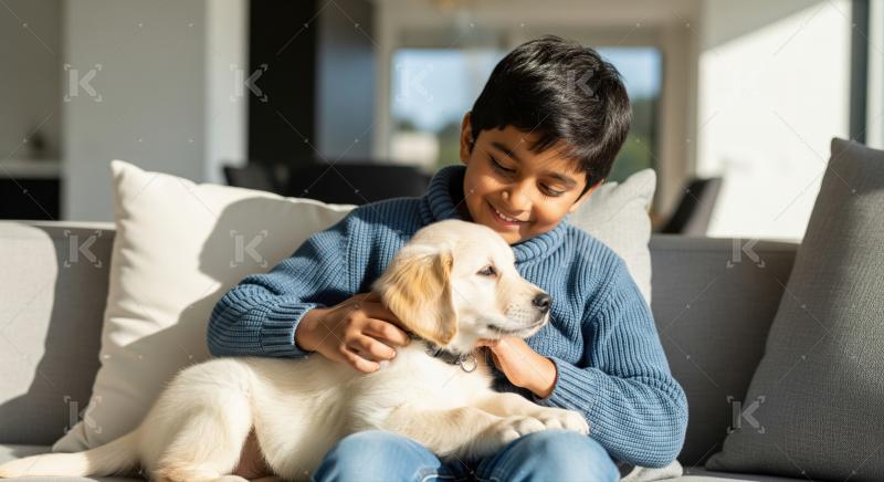 Young boy lovingly cuddles golden retriever puppy on home sofa.