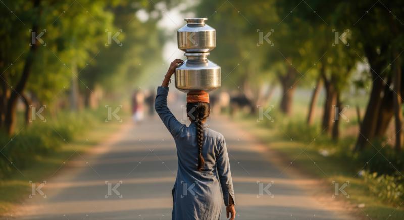 Rural woman carries water pots on head, a daily chore.