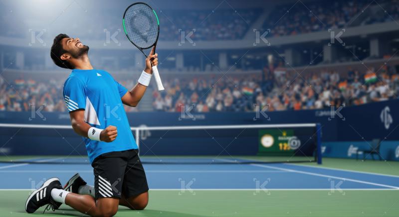 Male athlete's emotional celebration after winning a professional tennis match