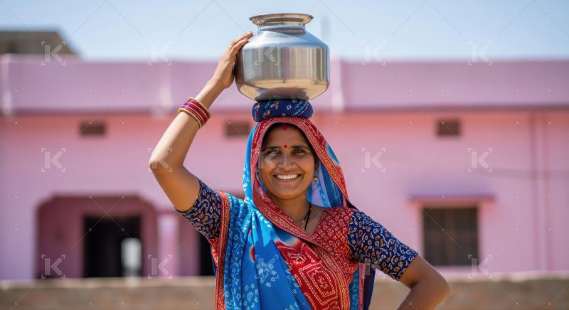 Smiling rural Indian woman balances water pot on her head.