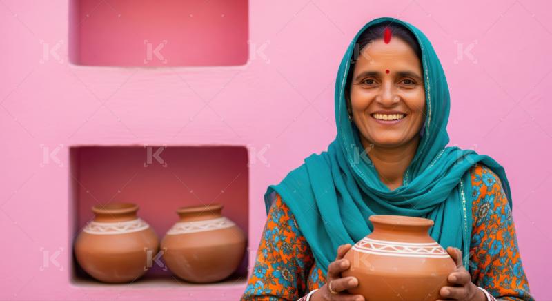 Happy Indian woman holds traditional pot, vibrant pink background.