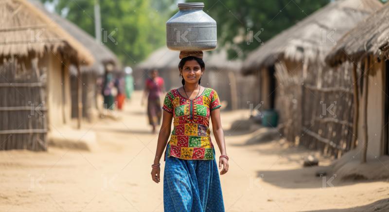 Rural Indian woman carries water, smiling, walking through her village.