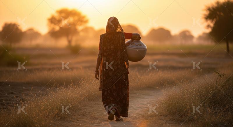 Traditional woman carries water pot through a beautiful rural landscape.
