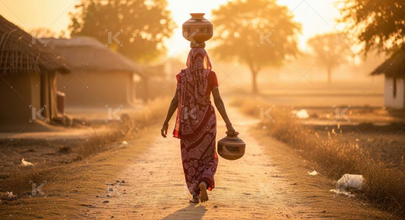 A traditional woman transports essential water through a sunlit village.