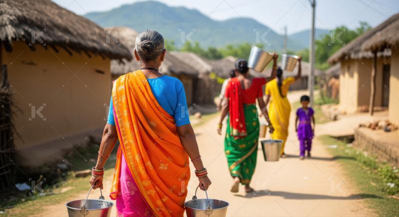 Rural Indian women, child transport water through village path.