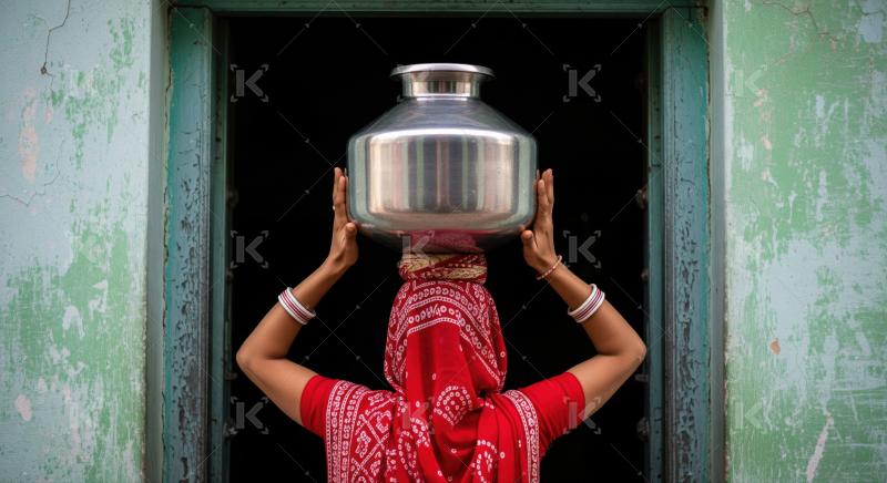 Traditional Indian woman transports water with pot on head.