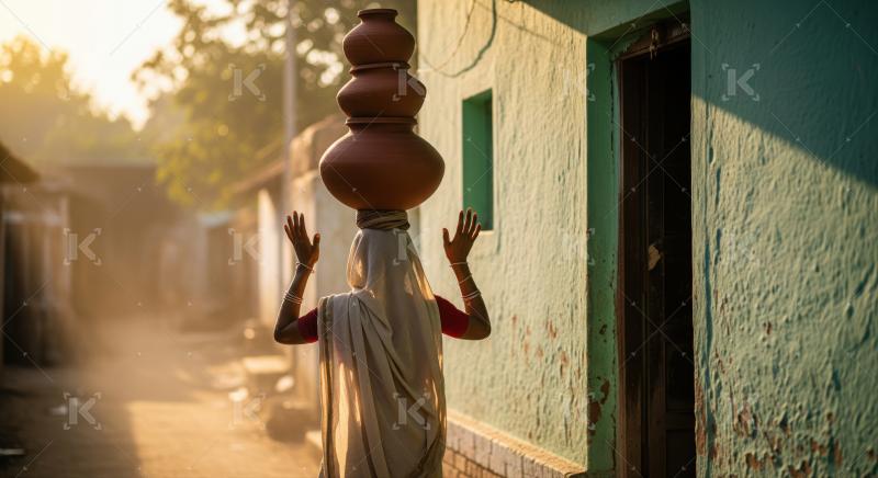 Woman carrying clay pots on her head at sunrise.
