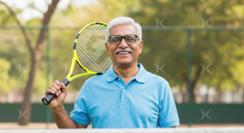 Senior man smiling with his tennis racket at the court.