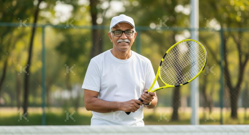 A joyful senior man ready to play tennis outdoors.