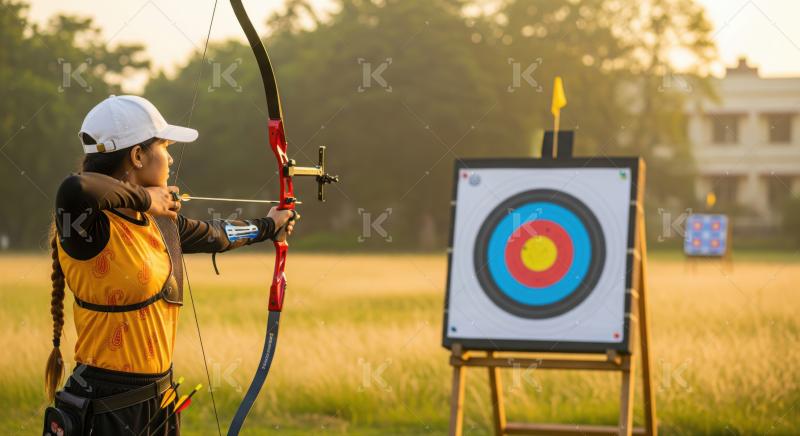 Focused young woman practices archery with precision in outdoor field