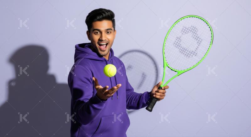 Enthusiastic young man posing joyfully with tennis ball and racket