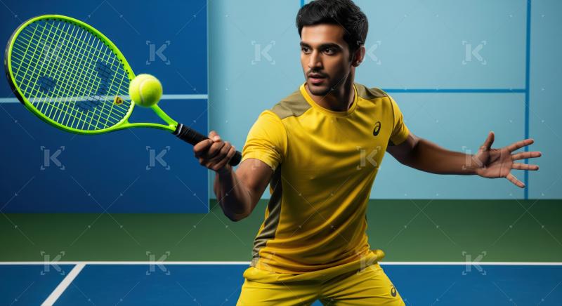 Dynamic tennis player prepares forehand shot on professional court