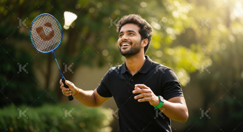Happy young Indian man enjoying a game of badminton outdoors.