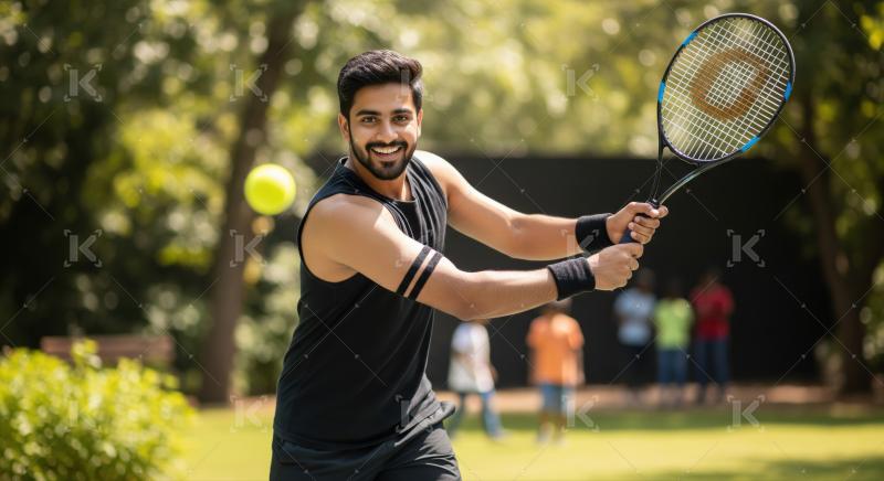 Energetic Indian man enjoys playing tennis on a sunny day.