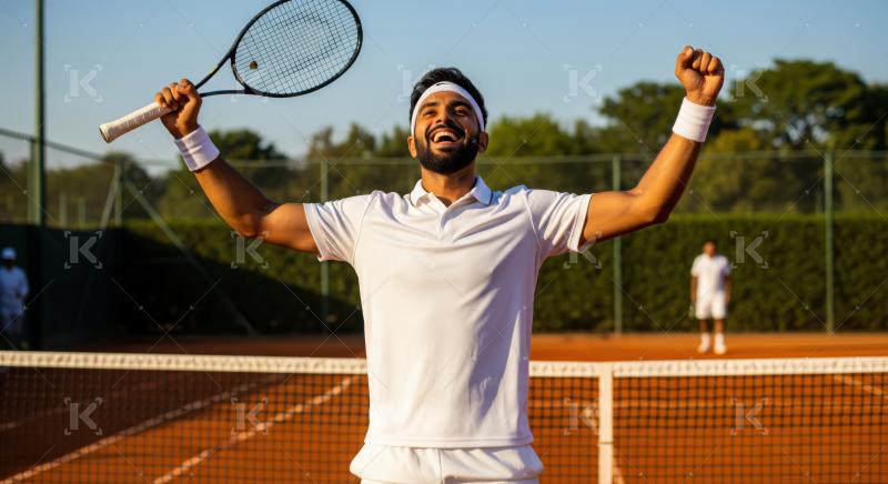 Energetic tennis player celebrates his triumphant win on the court