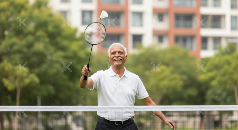 Joyful senior man plays badminton outdoors with happy expression.
