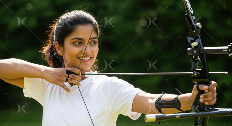Focused young woman practices archery, smiling outdoors on a sunny day