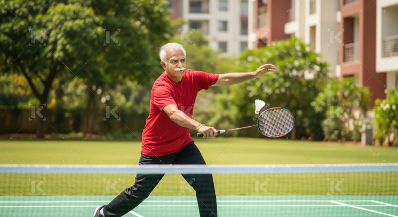 Active elderly Indian man enjoys spirited game of outdoor badminton.