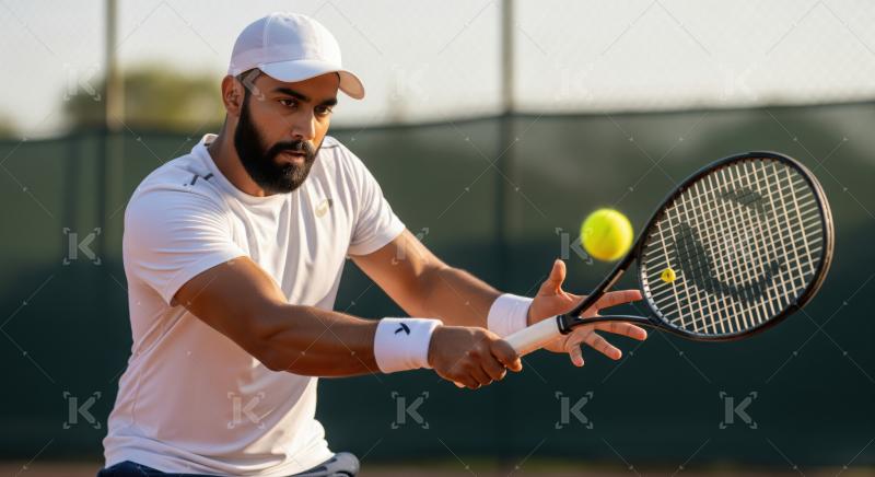 A focused athlete powerfully strikes the tennis ball with determination