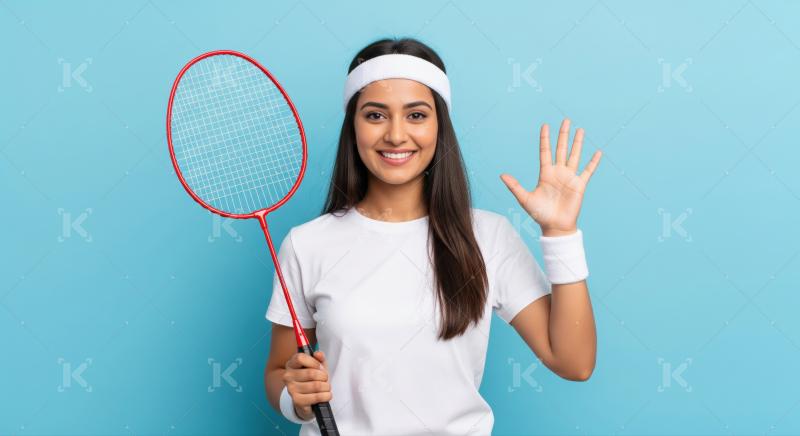 Joyful player ready for sports, holding a badminton racket