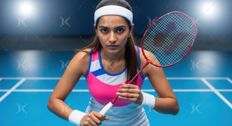 Determined female athlete holds racket, prepared for intense badminton match