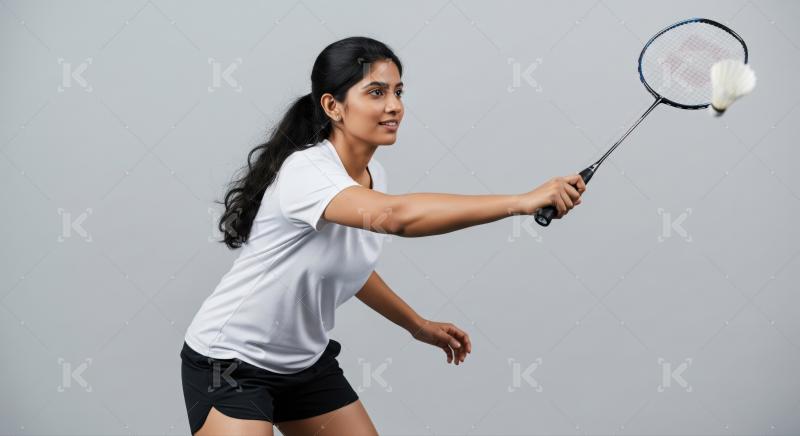 Young Indian woman playing badminton, actively hitting the shuttlecock