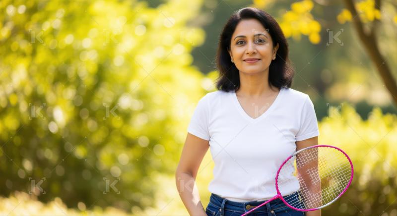 Smiling Indian woman holding a badminton racket outdoors in nature.
