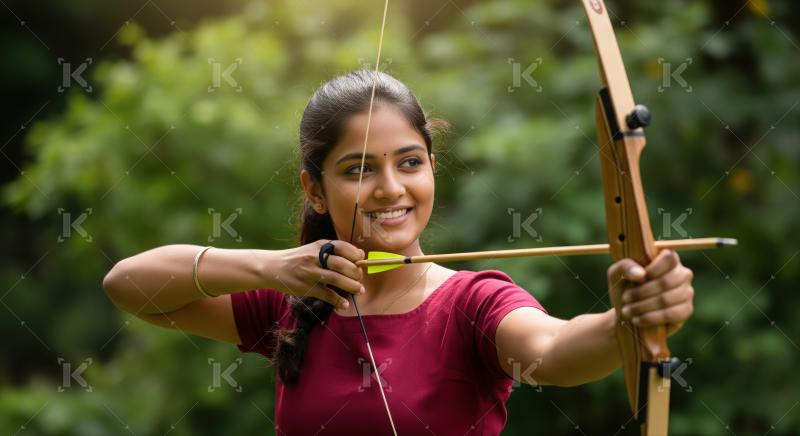 Happy Indian woman aims bow and arrow in nature
