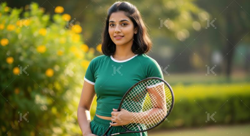 Active, smiling Indian woman holding tennis racket outdoors.