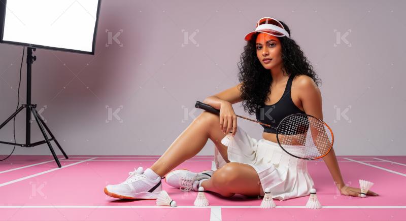 Young, beautiful athlete sitting on vibrant pink badminton court