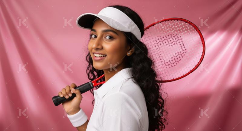 Happy athlete, racket in hand, sporting white visor