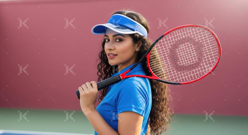 Confident Indian woman holding a tennis racket on court
